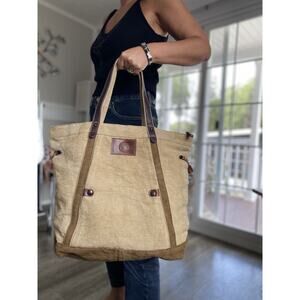 Urban Edge By Canyon Outback Tan Linen Cotton Leather Tote Travel Bag